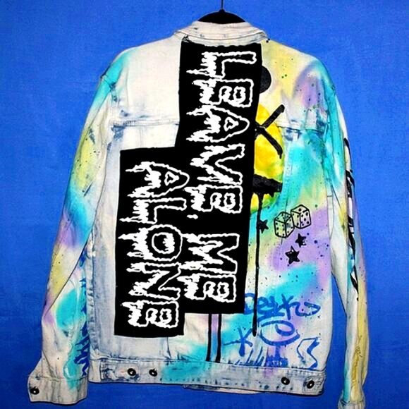 Smoke Rise Graffiti Paint Splatter Denim Jacket L - Picture 8 of 14